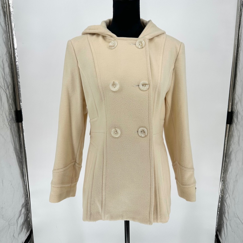 VTG St. John's Bay Ivory Wool Blend Double Breast Button Winter Coat Hoodie M